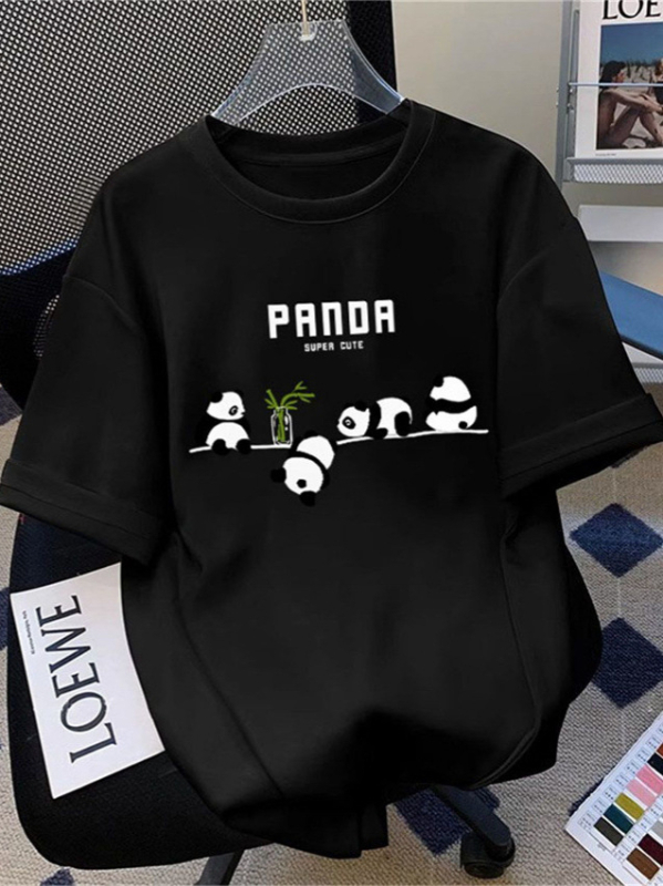 Γυναικείο κοντομάνικο T‑shirt για καλοκαίρι, δροσερή ελαφριά υφανση από βαμβάκι-πολυεστέρα, τύπωμα κόκκινου πάντα, στρογγυλή λαιμόκοψη, κανονική εφαρμογή.
