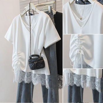 Γυναικείο T‑shirt σε μέγεθος Plus με δαντέλα και κορδόνι, κοντό μανίκι, κορεατικό στυλ