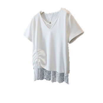 Γυναικείο T‑shirt σε μέγεθος Plus με δαντέλα και κορδόνι, κοντό μανίκι, κορεατικό στυλ