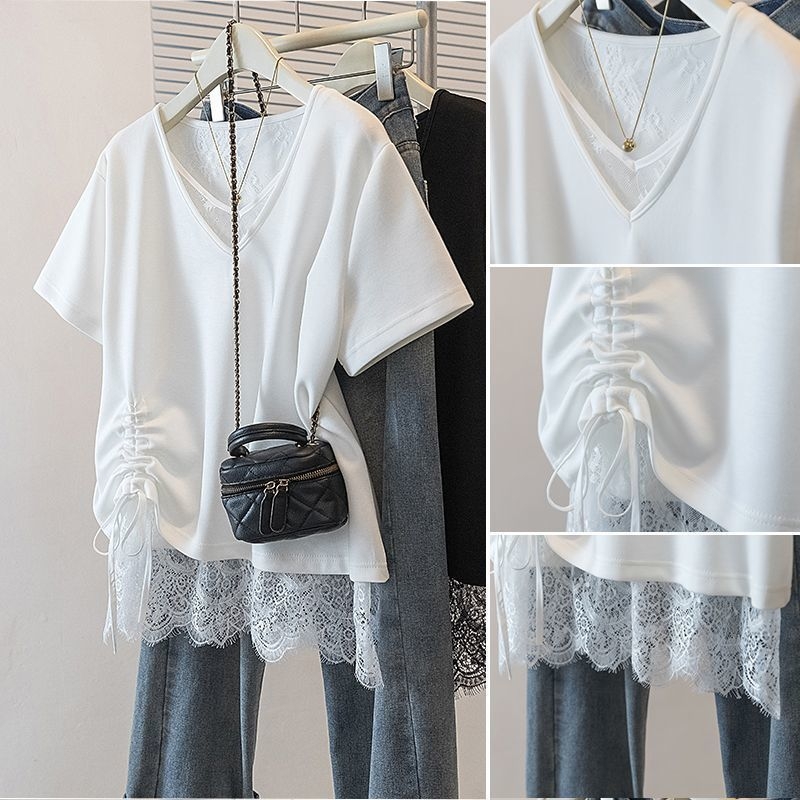 Γυναικείο T‑shirt σε μέγεθος Plus με δαντέλα και κορδόνι, κοντό μανίκι, κορεατικό στυλ