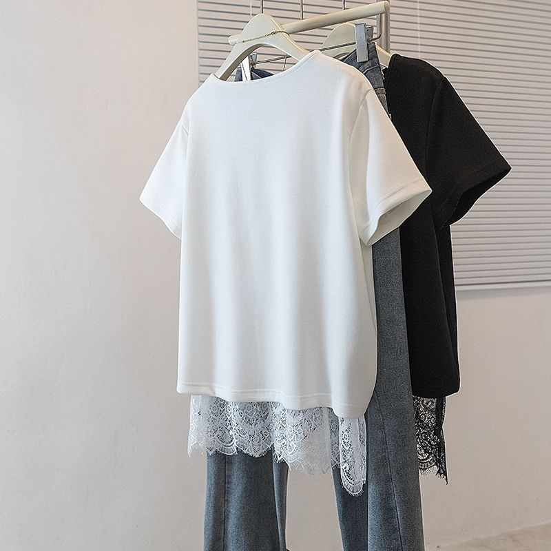 Γυναικείο T‑shirt σε μέγεθος Plus με δαντέλα και κορδόνι, κοντό μανίκι, κορεατικό στυλ