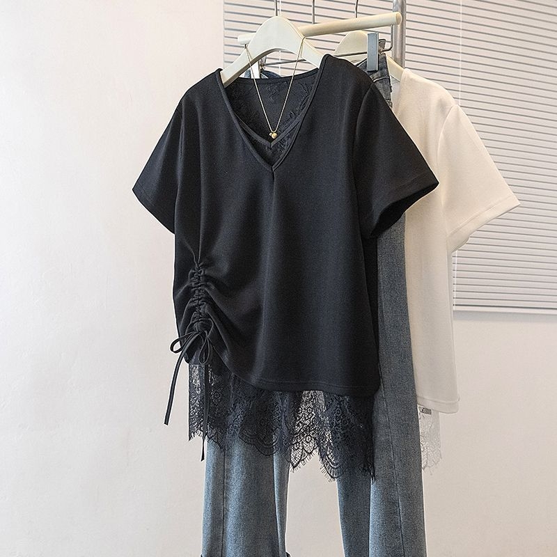 Γυναικείο T‑shirt σε μέγεθος Plus με δαντέλα και κορδόνι, κοντό μανίκι, κορεατικό στυλ