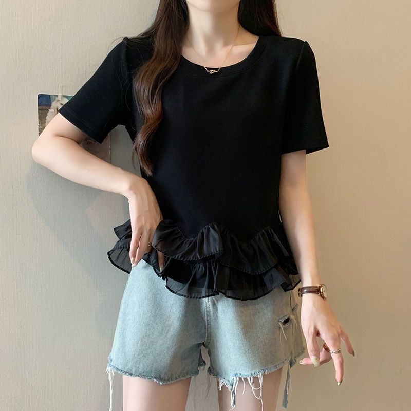 Plus-Size T‑shirt με φουσκώματα και patchwork, κοντό μανίκι - Καλοκαιρι 2025, χαλαρή γραμμή