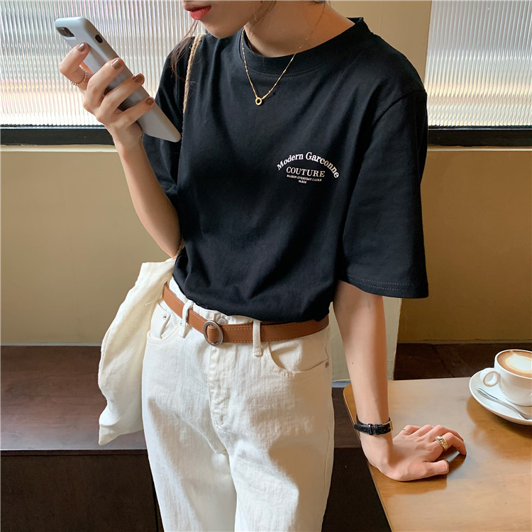 Γυναικεία κοντομάνικη μπλούζα T‑shirt, 2025 καλοκαίρι, κορεατικό στυλ, φαρδιά γραμμή, εκτύπωση γραμμάτων