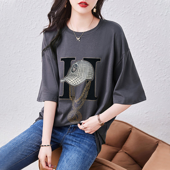 Γυναικείο κοντόμανικο T‑shirt, 2023 νέα γραμμή, σε μεγάλη διάσταση, μεσαίου μήκους, άνετη εφαρμογή, καλύπτει την κοιλιά, οπτικά λεπταίνει τη σιλουέτα, σχέδιο patchwork