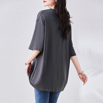 Γυναικείο κοντόμανικο T‑shirt, 2023 νέα γραμμή, σε μεγάλη διάσταση, μεσαίου μήκους, άνετη εφαρμογή, καλύπτει την κοιλιά, οπτικά λεπταίνει τη σιλουέτα, σχέδιο patchwork