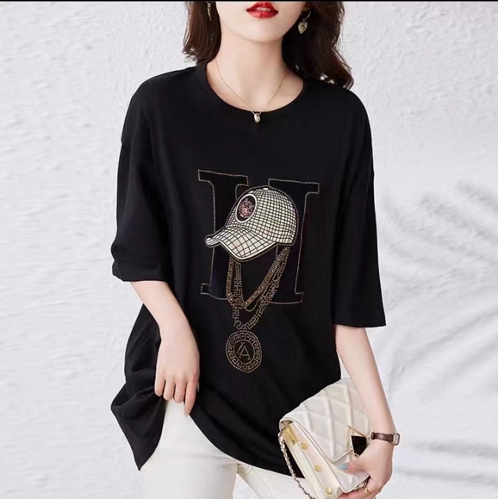 Γυναικείο κοντόμανικο T‑shirt, 2023 νέα γραμμή, σε μεγάλη διάσταση, μεσαίου μήκους, άνετη εφαρμογή, καλύπτει την κοιλιά, οπτικά λεπταίνει τη σιλουέτα, σχέδιο patchwork