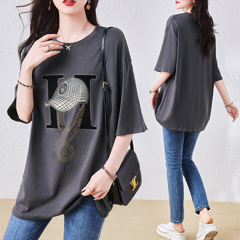 Γυναικείο κοντόμανικο T‑shirt, 2023 νέα γραμμή, σε μεγάλη διάσταση, μεσαίου μήκους, άνετη εφαρμογή, καλύπτει την κοιλιά, οπτικά λεπταίνει τη σιλουέτα, σχέδιο patchwork
