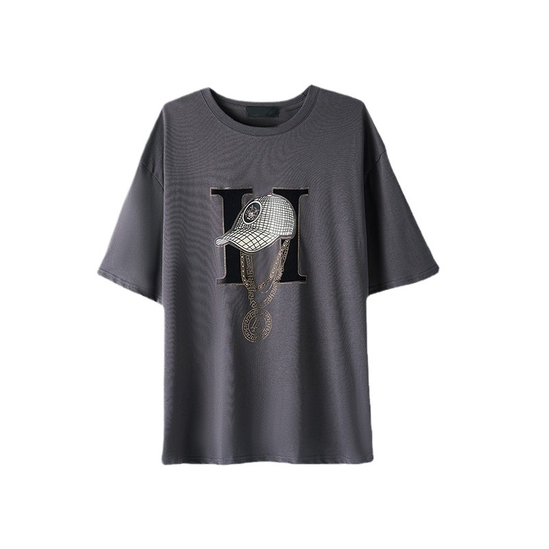 Γυναικείο κοντόμανικο T‑shirt, 2023 νέα γραμμή, σε μεγάλη διάσταση, μεσαίου μήκους, άνετη εφαρμογή, καλύπτει την κοιλιά, οπτικά λεπταίνει τη σιλουέτα, σχέδιο patchwork