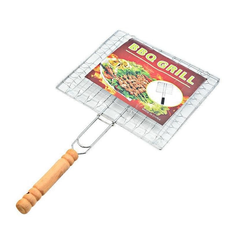 Téglalap alakú grillrács készlet, vastagított rács csirke és hal sütéséhez, fa fogantyúval