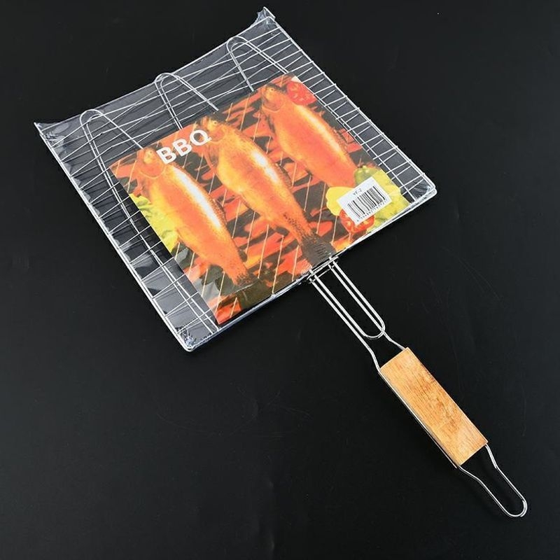 Téglalap alakú grillrács készlet, vastagított rács csirke és hal sütéséhez, fa fogantyúval