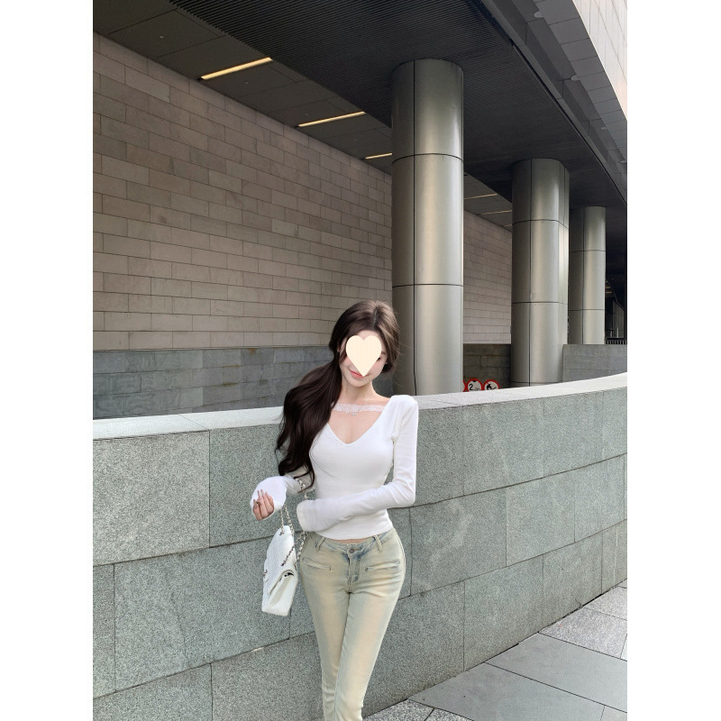 Γυναικεία μακρυμάνικη μπλούζα με δαντελέν ένθετο και V-λαιμό, πρώιμη άνοιξη, στενή γραμμή, διπλής όψεως κοντό τοπ