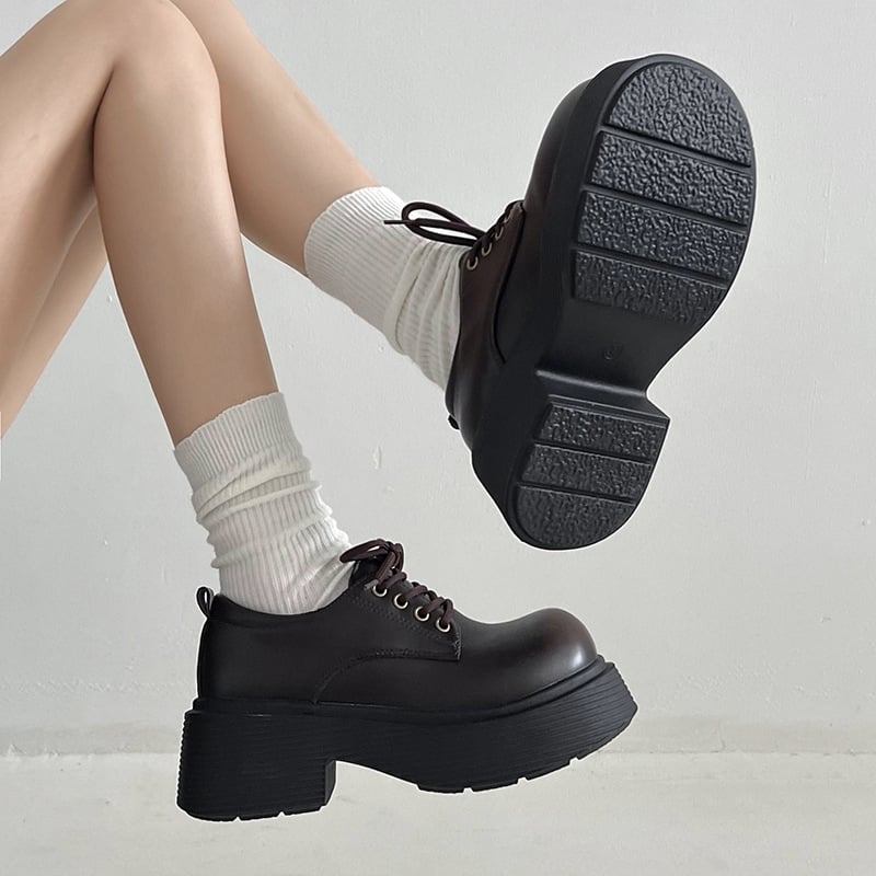 Γυναικείοι καφέ loafers με παχιά σόλα – ρετρό βρετανικό στυλ Mary Jane, PU δέρμα