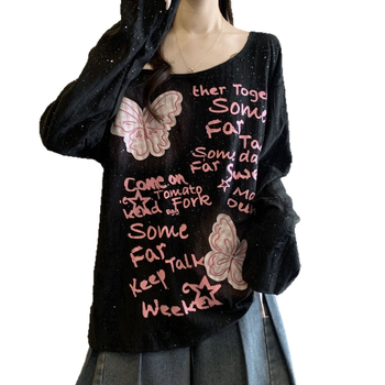 Γυναικείο T‑shirt σε plus size με appliqué πεταλούδας, με έναν ώμο, μακριά μανίκια, χαλαρή γραμμή, τοπ με κορδόνι, φθινόπωρο 2025