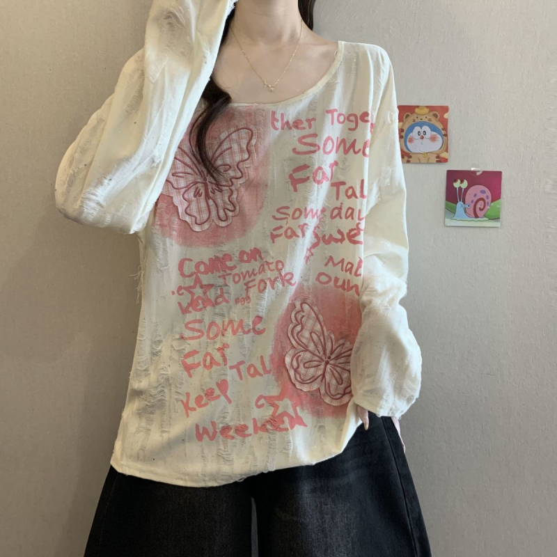 Γυναικείο T‑shirt σε plus size με appliqué πεταλούδας, με έναν ώμο, μακριά μανίκια, χαλαρή γραμμή, τοπ με κορδόνι, φθινόπωρο 2025