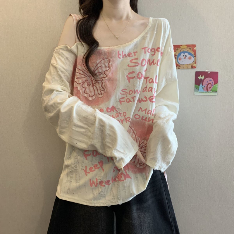 Γυναικείο T‑shirt σε plus size με appliqué πεταλούδας, με έναν ώμο, μακριά μανίκια, χαλαρή γραμμή, τοπ με κορδόνι, φθινόπωρο 2025