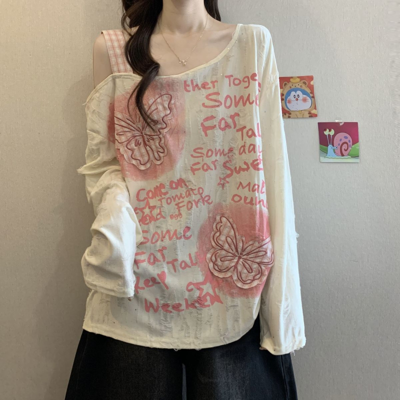 Γυναικείο T‑shirt σε plus size με appliqué πεταλούδας, με έναν ώμο, μακριά μανίκια, χαλαρή γραμμή, τοπ με κορδόνι, φθινόπωρο 2025