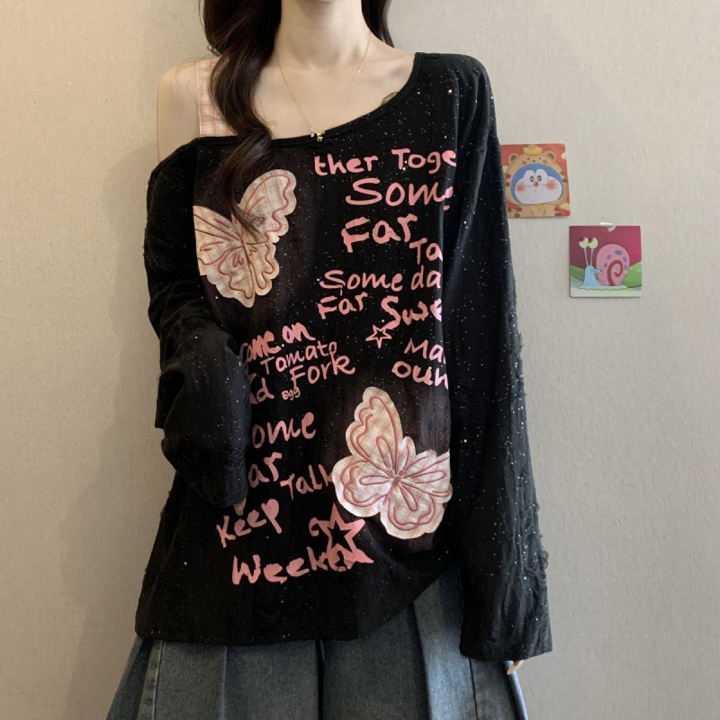 Γυναικείο T‑shirt σε plus size με appliqué πεταλούδας, με έναν ώμο, μακριά μανίκια, χαλαρή γραμμή, τοπ με κορδόνι, φθινόπωρο 2025