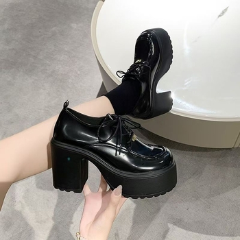 Γυναικείοι δερμάτινοι loafers με σόλα πλατφόρμα 10 cm, κορδόνια, κορεατικού στυλ, χοντρή φτέρνα
