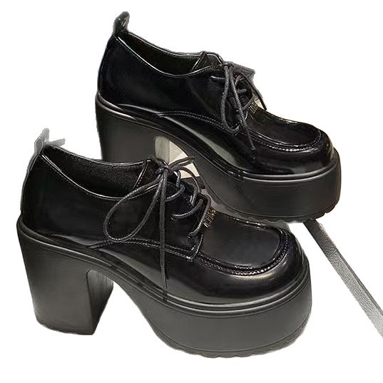 Γυναικείοι δερμάτινοι loafers με σόλα πλατφόρμα 10 cm, κορδόνια, κορεατικού στυλ, χοντρή φτέρνα