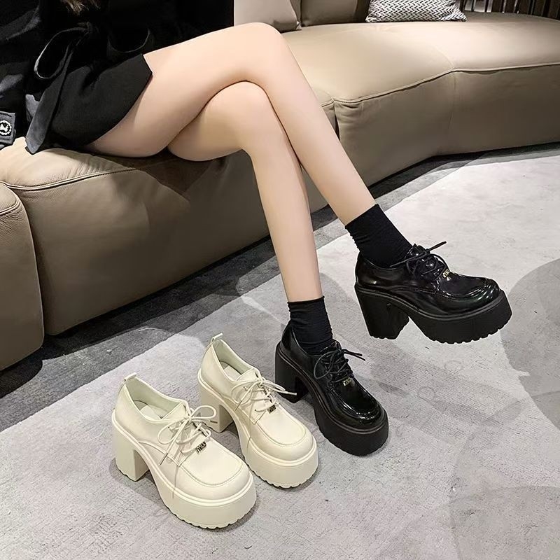 Γυναικείοι δερμάτινοι loafers με σόλα πλατφόρμα 10 cm, κορδόνια, κορεατικού στυλ, χοντρή φτέρνα