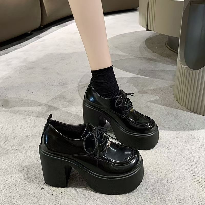 Γυναικείοι δερμάτινοι loafers με σόλα πλατφόρμα 10 cm, κορδόνια, κορεατικού στυλ, χοντρή φτέρνα