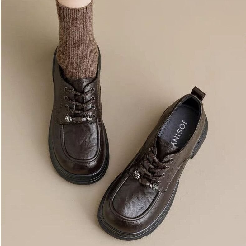 Ρετρό δερμάτινα loafers με πλατφόρμα και χοντρό τακούνι, 2026 νέο στυλ, βρετανικού σχεδιασμού για γυναίκες μικρού μεγέθους