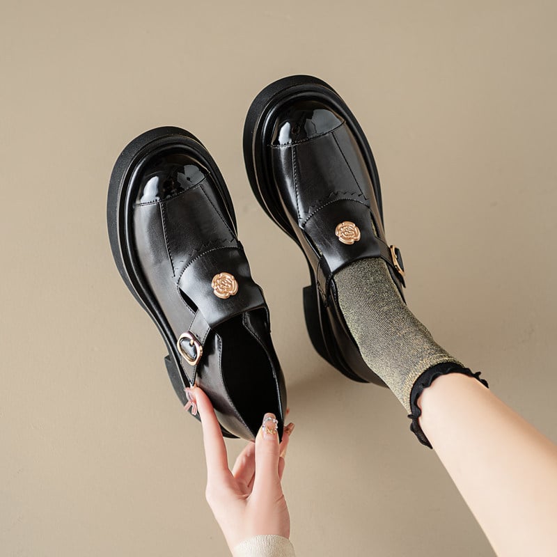 Camellia πλατφόρμα loafers, βρετανικού ύφους, με στρογγυλή μύτη, γυναικείες παπούτσια από συνθετικό δέρμα με χοντρό τακούνι