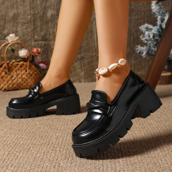 Γυναικείοι loafers φθινοπωρινής συλλογής, μαύρο, από top-grain βοδινό δέρμα, PU επάνω μέρος, καουτσούκ σόλα, βρετανικού στιλ