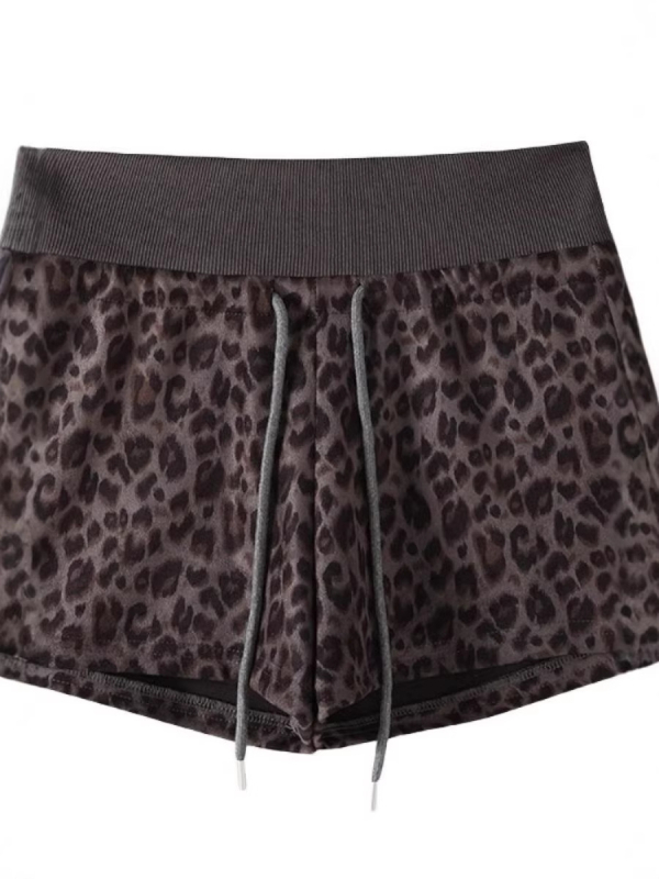 Γυναικεία σορτς με leopard print σε αμερικανικό στυλ, υψηλή μέση, έλεγχος κοιλιάς, ελαστικό ύφασμα, φαρδιά τελειώματα, casual