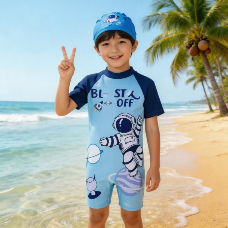 Бански за момчета с карикатурен принт, едно парче, висока еластичност, приятен към кожата, удобен, защита от слънцето