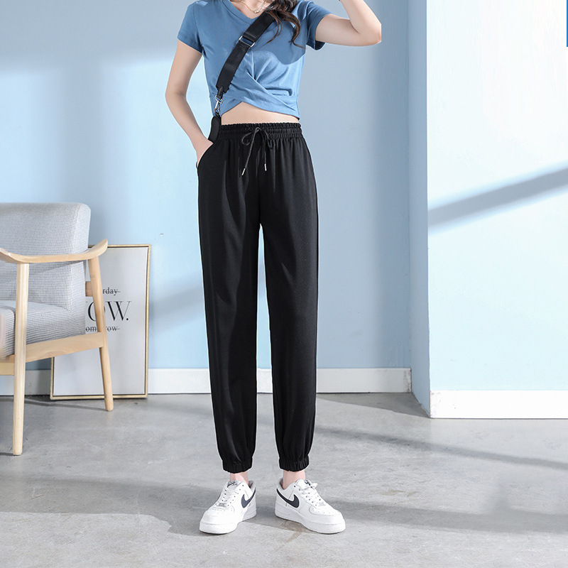 Γυναικεία casual παντελόνια Ice Silk, άνετη γραμμή, cropped joggers, μαύρα, γρήγορο στέγνωμα, στυλ Χάρεμ