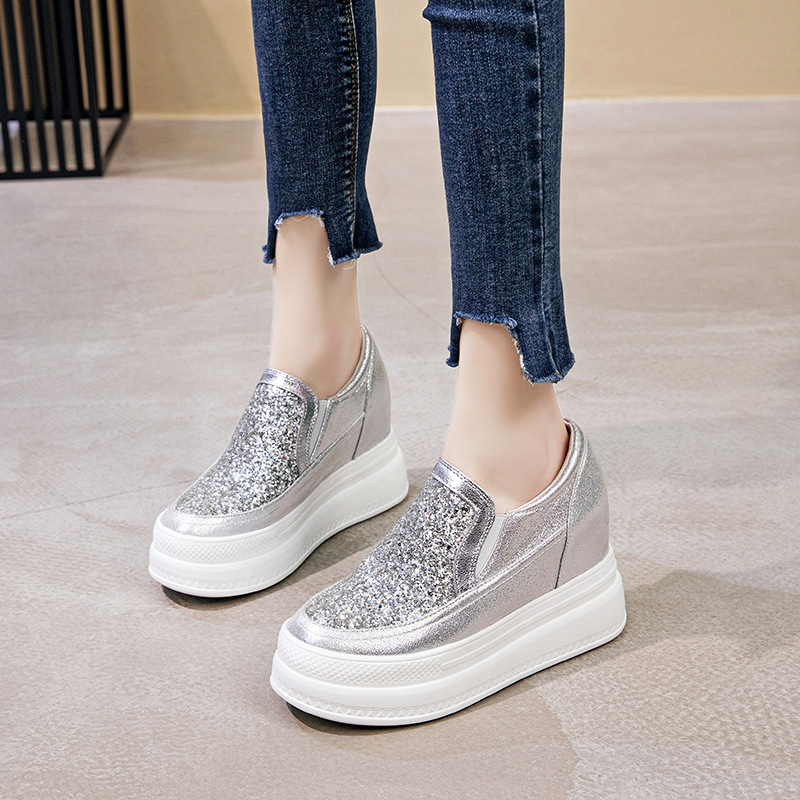 Γυναικείες loafers με κρυφή αύξηση ύψους 10 cm, πλατιά πλατφόρμα, παγιέτες, άνετα casual slip-on παπούτσια