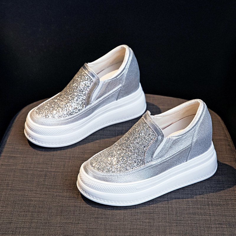 Γυναικείες loafers με κρυφή αύξηση ύψους 10 cm, πλατιά πλατφόρμα, παγιέτες, άνετα casual slip-on παπούτσια