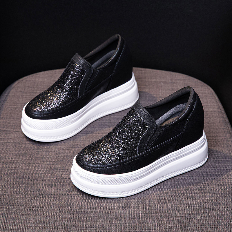 Γυναικείες loafers με κρυφή αύξηση ύψους 10 cm, πλατιά πλατφόρμα, παγιέτες, άνετα casual slip-on παπούτσια
