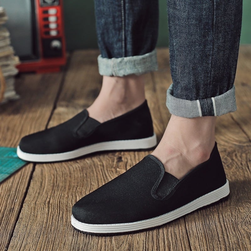 Légáteresztő vászon slip-on férfiak és nők számára – mindennapi, vezetési és munkacipő, többrétegű talppal, fekete
