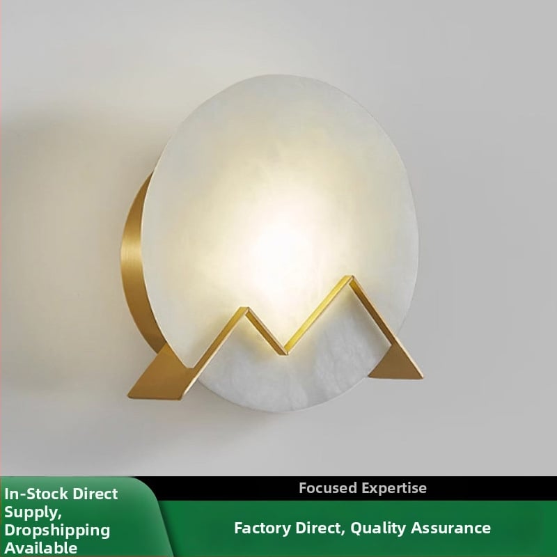 Nástenná lampa na nočný stolík v severskom štýle, okrúhla medená, moderná minimalistická, tienidlo z oblačného kameňa, do showroomu a modelovej miestnosti, obývačky a chodby