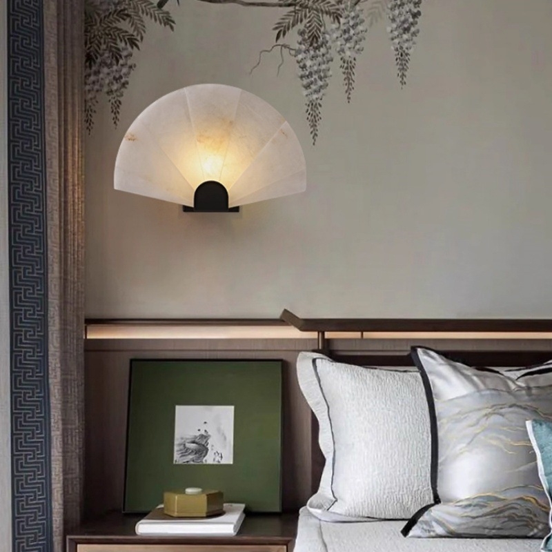 Λαμπτήρας τοίχου από μάρμαρο σε σχήμα φαν, σε νέο κινεζικό στυλ, για αίθουσα τσαγιού, με βορειοευρωπαϊκό ρετρό σχέδιο, κατάλληλος για διάδρομο, υπνοδωμάτιο και γραφείο — πολυτελής τοίχος φωτισμός