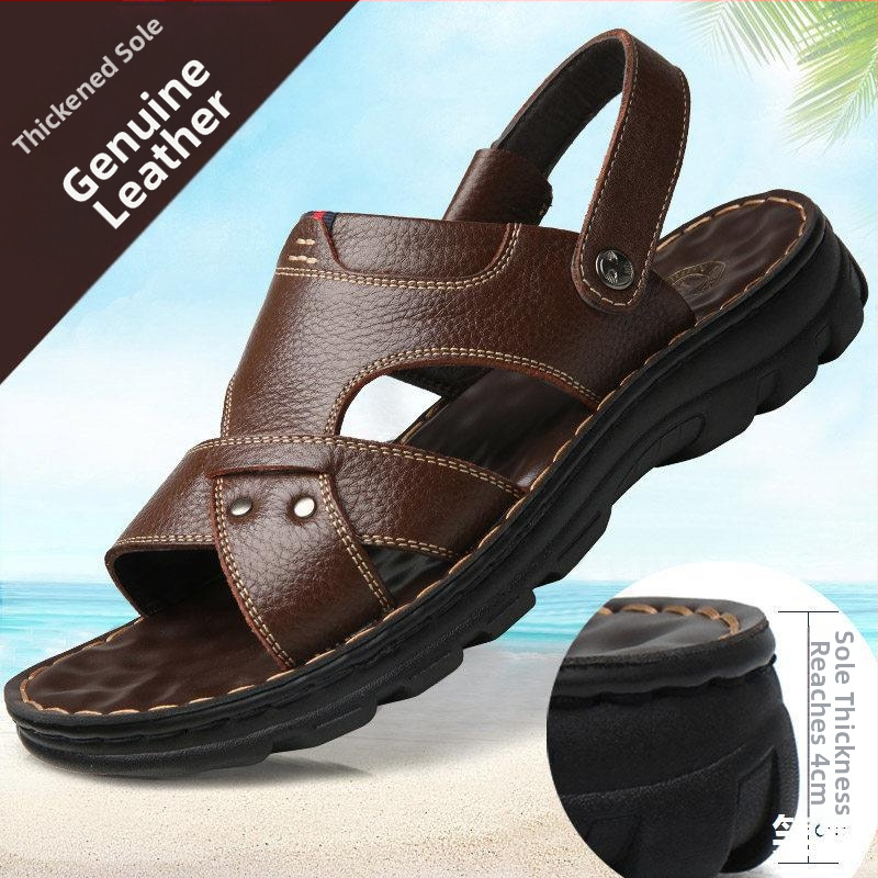 Pánske kožené sandále s mäkkou podrážkou, jednoduchý business casual štýl, zosilnená podrážka pre zvýšenie výšky, vodeodolné a odolné plážové sandále s vysokým podpätkom.
