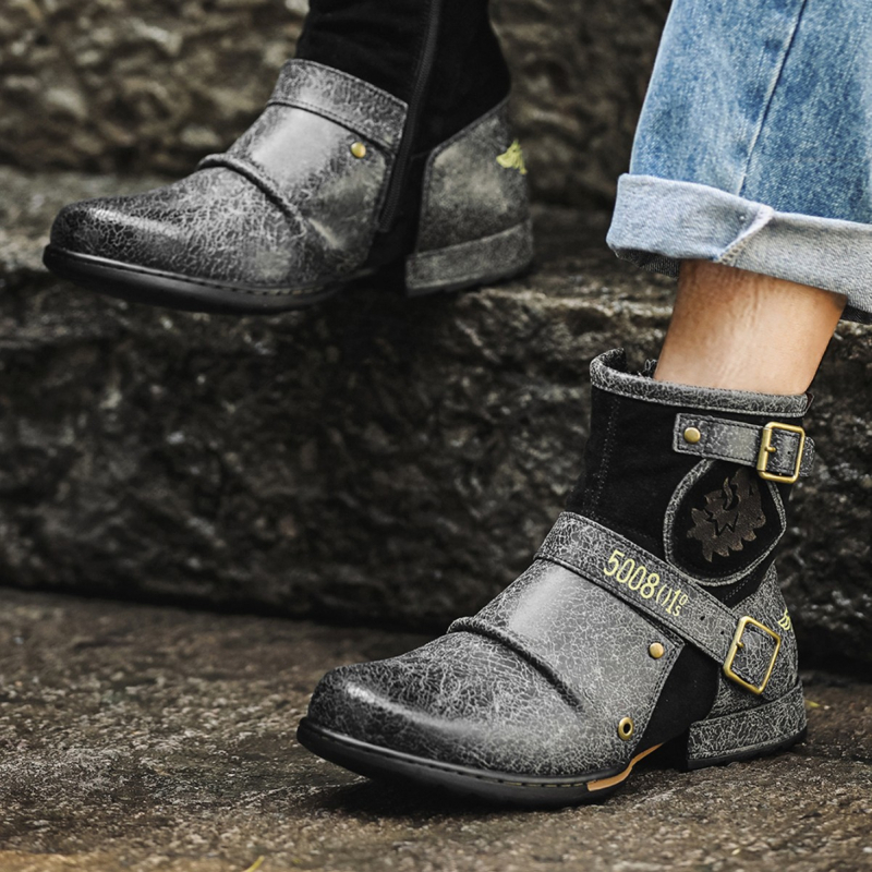 5005 Cizme moto cu model crackle și blocare de culoare, fermoar lateral, accente metalice – stil vintage