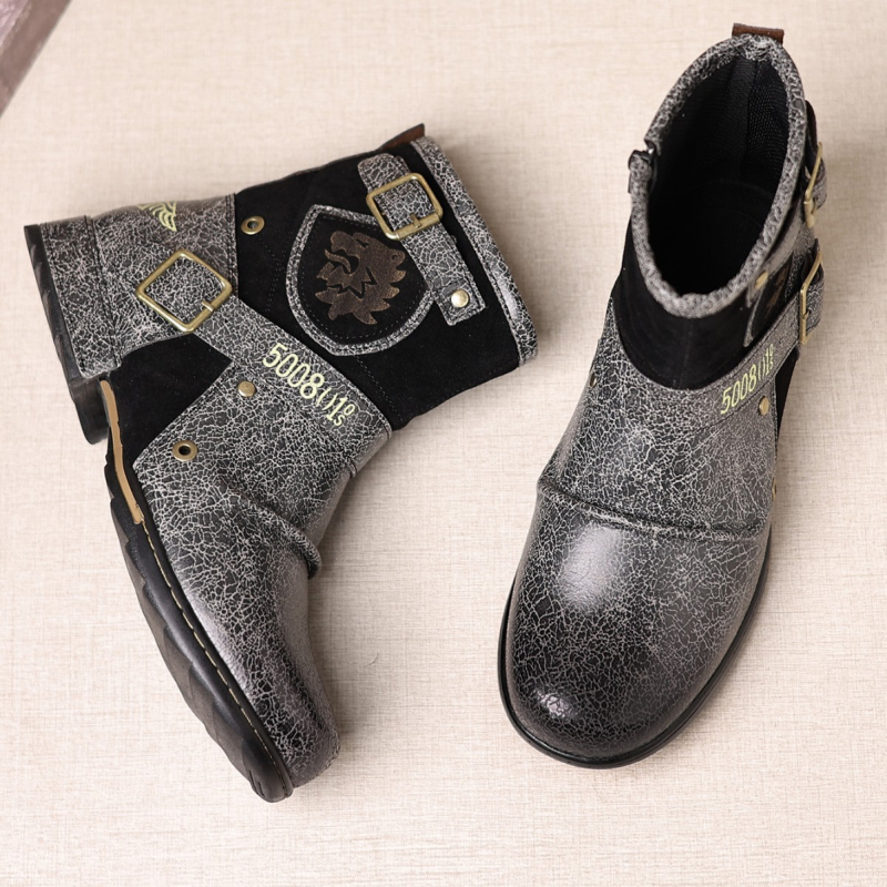 5005 Cizme moto cu model crackle și blocare de culoare, fermoar lateral, accente metalice – stil vintage