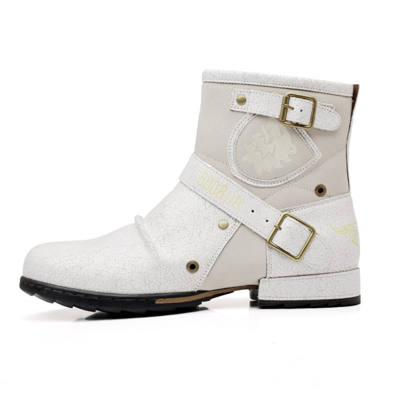 5005 Cizme moto cu model crackle și blocare de culoare, fermoar lateral, accente metalice – stil vintage