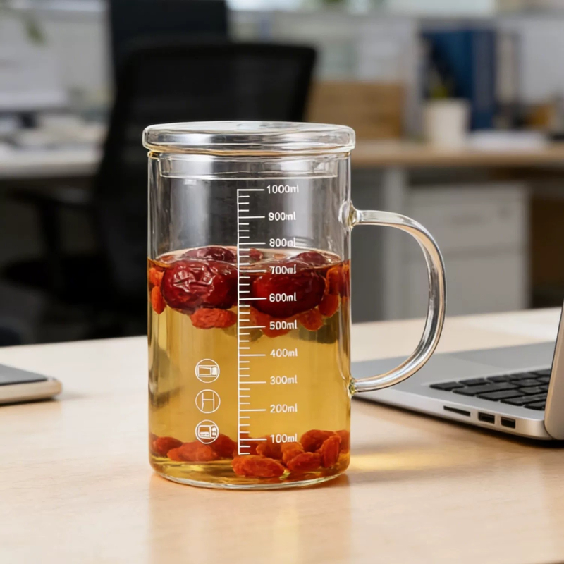 Cană din sticlă borosilicat rezistentă la temperaturi, cu capac, scară de măsurare și mâner, pentru birou și casă.