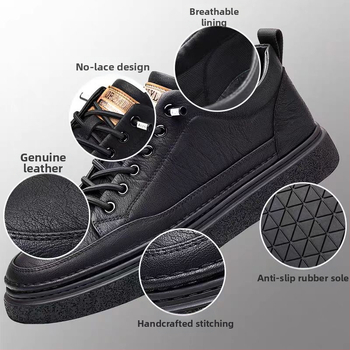 Férfi bőr sneakers, mindennapi viselet, alacsony felső rész, puha talp, koreai stílus, fekete