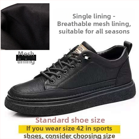 Férfi bőr sneakers, mindennapi viselet, alacsony felső rész, puha talp, koreai stílus, fekete
