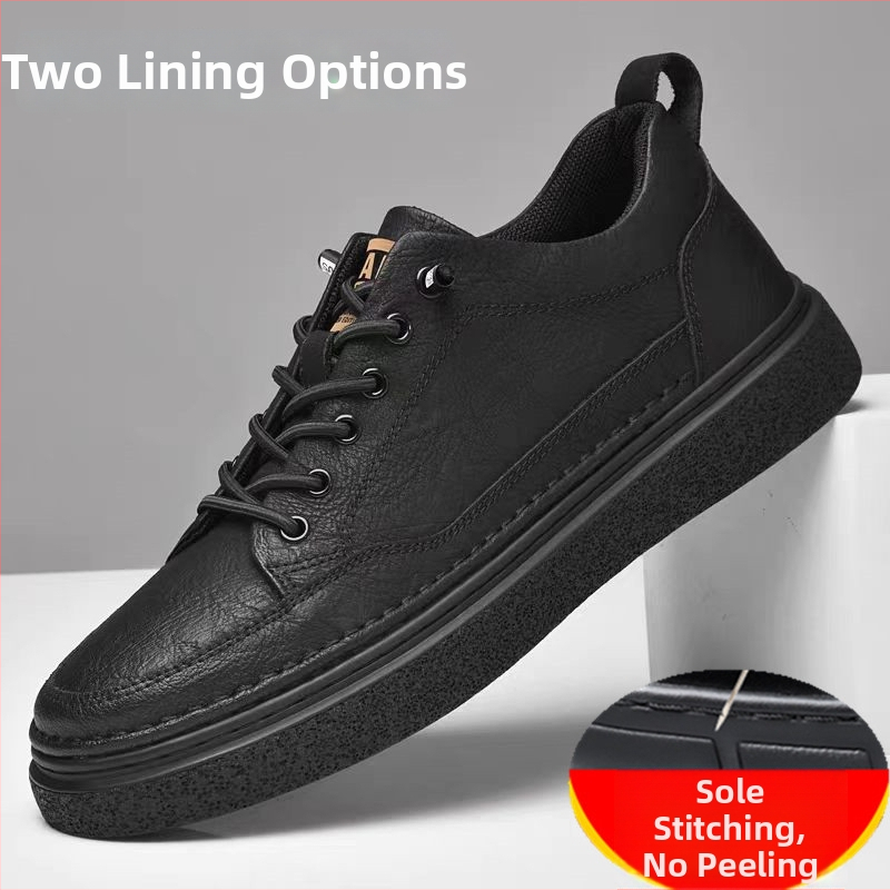 Férfi bőr sneakers, mindennapi viselet, alacsony felső rész, puha talp, koreai stílus, fekete
