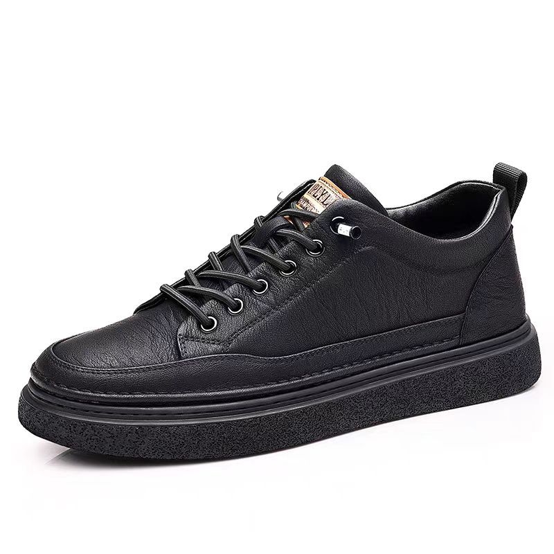 Férfi bőr sneakers, mindennapi viselet, alacsony felső rész, puha talp, koreai stílus, fekete