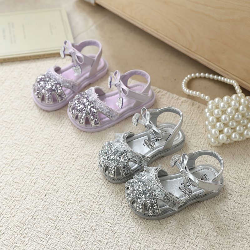 Παιδικά σανδάλια πριγκίπισσας με παγιέτες, κλείσιμο Velcro, στρογυλή μύτη, καλοκαιρινά σανδάλια σε κορεατικό στυλ