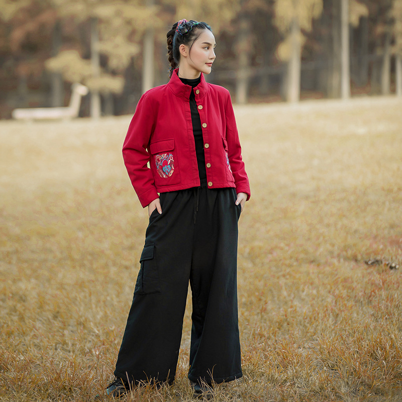 Jachetă scurtă din bumbac, brodată, căptușită cu fleece, stil etnic, pentru femei