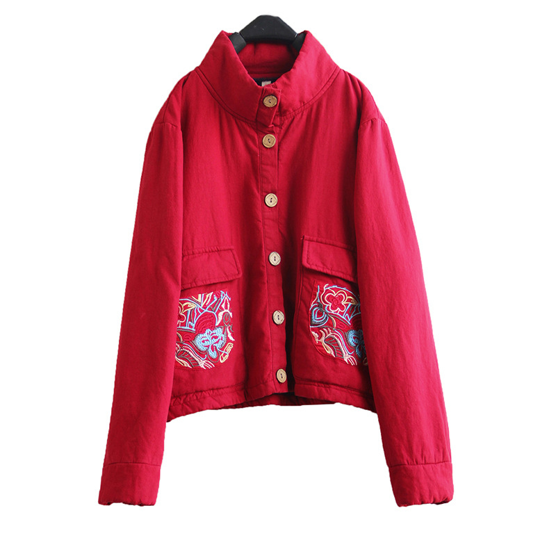 Jachetă scurtă din bumbac, brodată, căptușită cu fleece, stil etnic, pentru femei